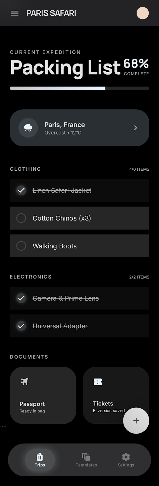 Aura packing list screen